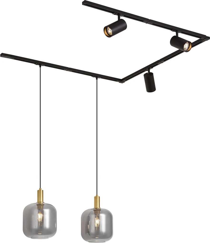 Sistem de șine modern negru cu 2 lămpi suspendate și 3 spoturi monofazate - Iconic Zuzanna Jeana Luxe