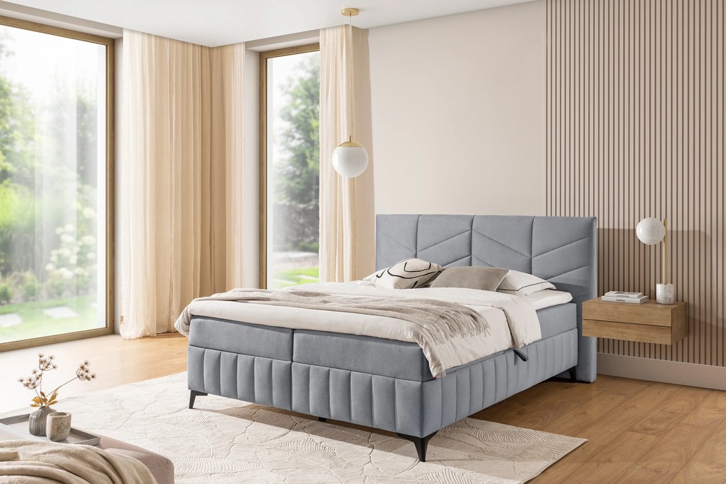 Pat boxspring Penia 160x200 cu spațiu de depozitare - catifea cenușie hidrofobă Element 24