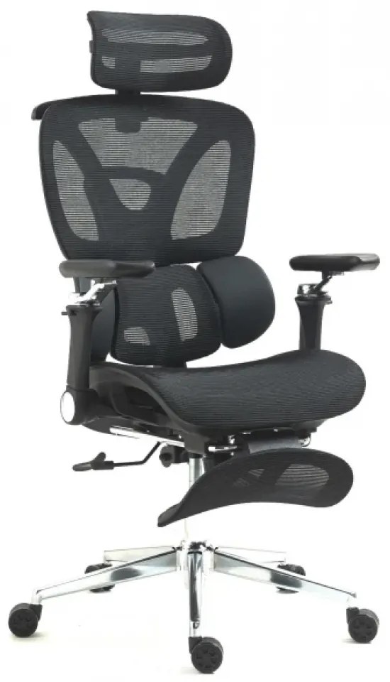 RESIGILAT- METACHAIR DORO Scaun ergonomic, cotiere 6D, suport lombar dinamic, spătar reglabil înălțime, tetieră 2D, suport picioare, mecanism multifunctional inclinare/blocare, pivotant, Mesh, Negru