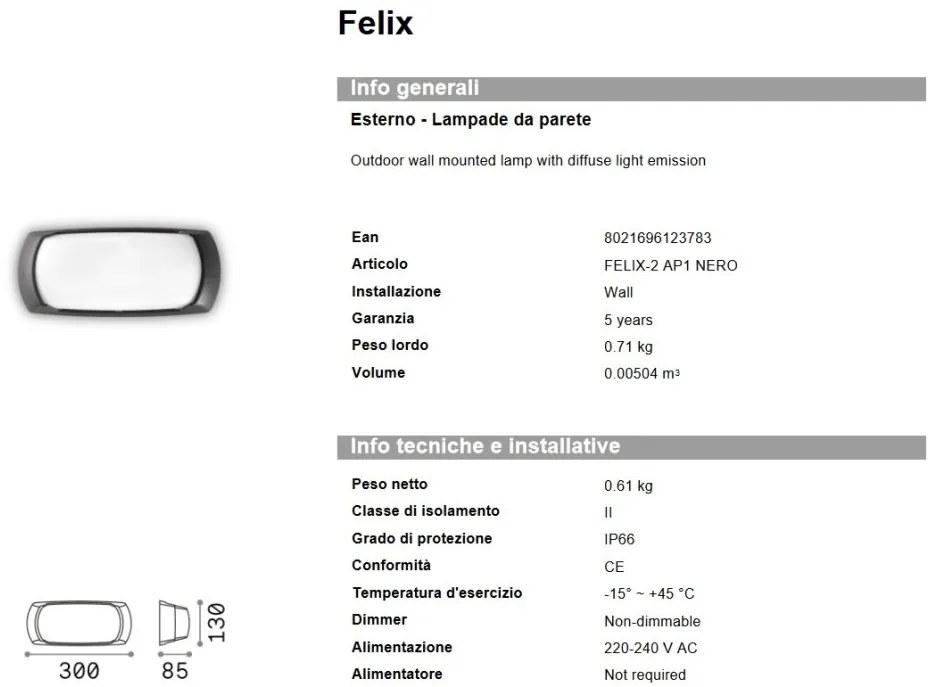 Aplica de perete exterior IP66 FELIX-2 AP1 NERO