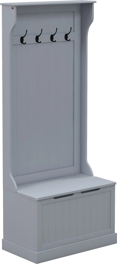 HOMCOM Cuier 3 în 1 cu 4 Cârlige, Bancă Depozitare și Cuier, Mobilier cu Spațiu de Depozitare, 71,5x39,5x170 cm, Gri | Aosom Romania