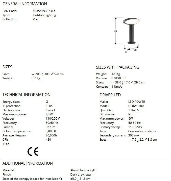 Mini Stalp LED exterior design modern IP65 Vilo H-30cm