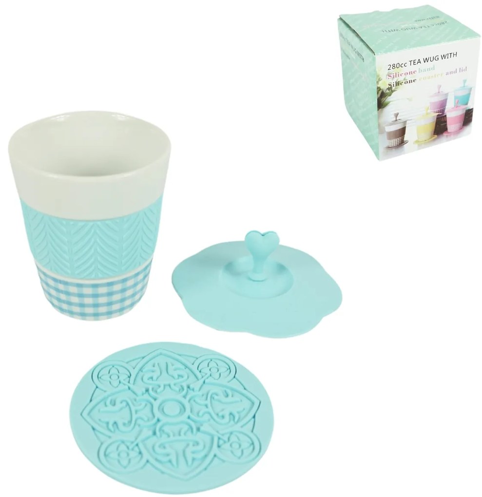 Cana din portelan AQUELLE cu accesorii din silicon 280 ml, albastru