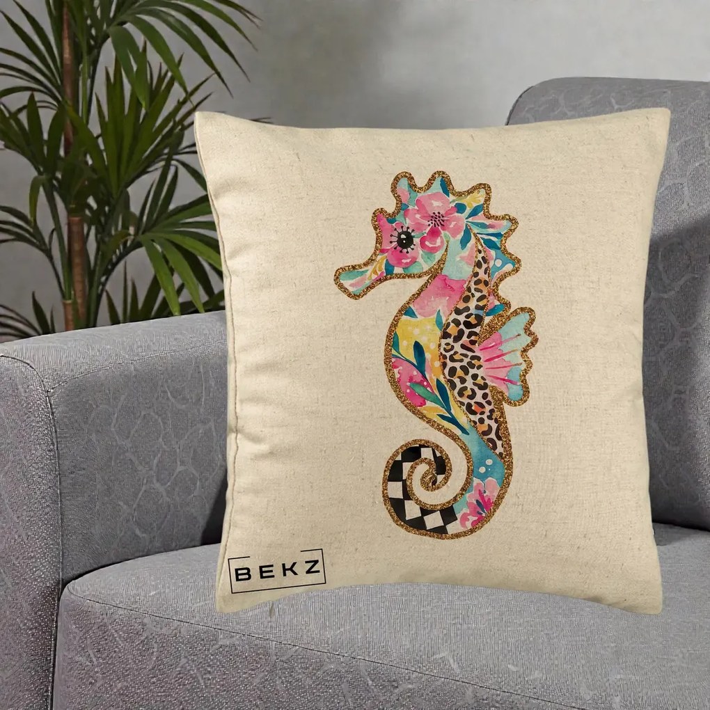 Perna Decorativa Calut de Mare Glitter Tropical, 40x40 cm, Bej, Husa Detasabila, Perna Inclusa, BEKZ®