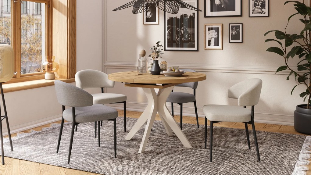 Mazzoni RENZO Stejar Artisan/picior bej (șampanie) - MASĂ ROTUNDĂ Ø110 EXTENSIBILĂ PÂNĂ LA 180 cm | PENTRU BUCĂTĂRIE SUFRAGERIE LIVING