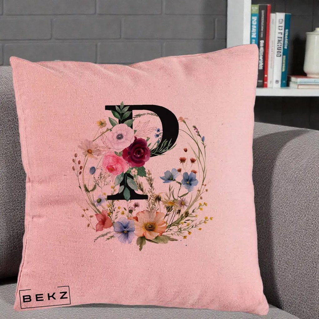 Cadou Personalizat - Perna Personalizata Monogram Litera P cu Flori Acuarela, 40x40 cm, Roz, Husa Detasabila, Perna Inclusa, BEKZ®