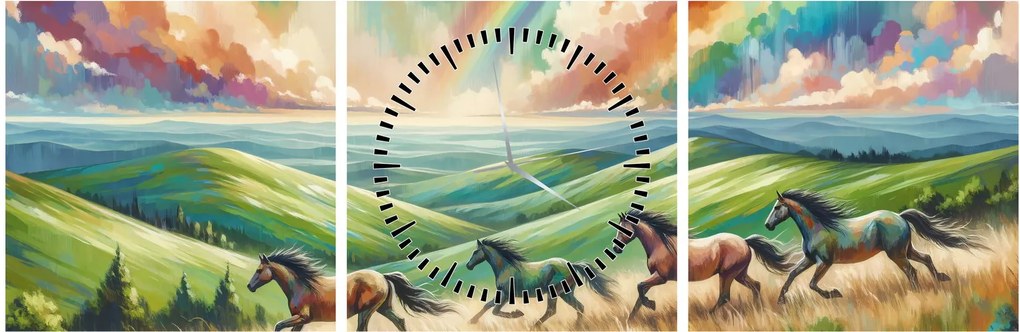 Tablou – Cai galopând prin peisaj (cu ceas) (90x30 cm)