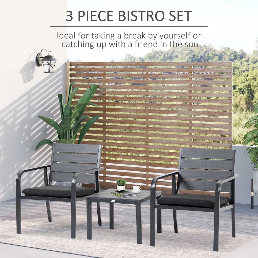 Outsunny Set Mobilier pentru Curte 3 Piese, Oțel și Plastic, Gri, cu Măsuță și 2 Scaune cu Perne | Aosom Romania