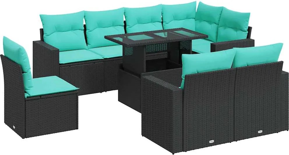 vidaXL Set mobilier grădină perne 9 piese negru poliratan/lemn acacia