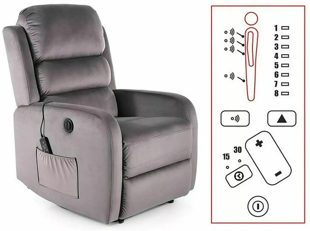 Fotoliu recliner cu functie de masaj Pegaz M velvet gri Blu14