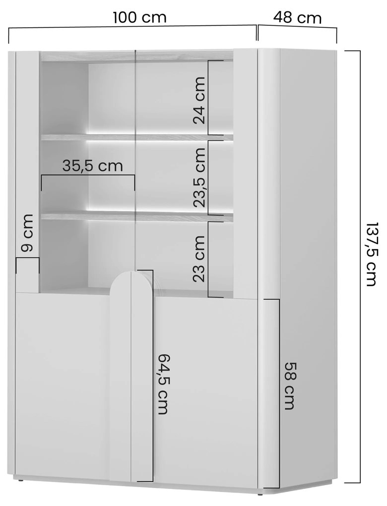 Vitrină Amilio 100 cm - cashmere / stejar uleiat / mânere stejar deschis