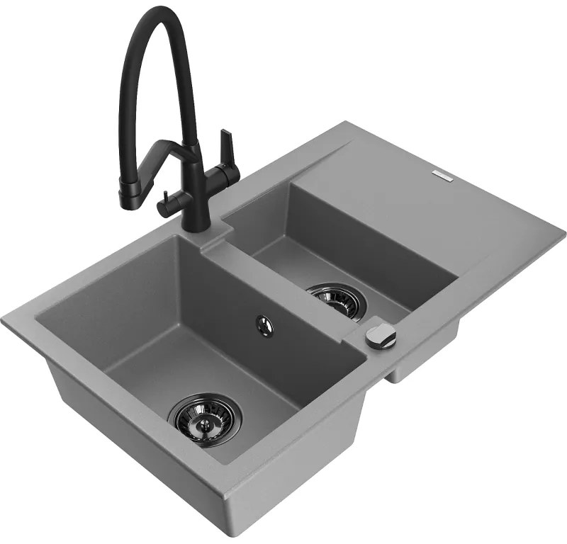 Mexen Gaspar chiuvetă din granit cu 1,5 compartimente cu scurgător și baterie de bucătărie Duo, gri - 6507-71-671701-70-B