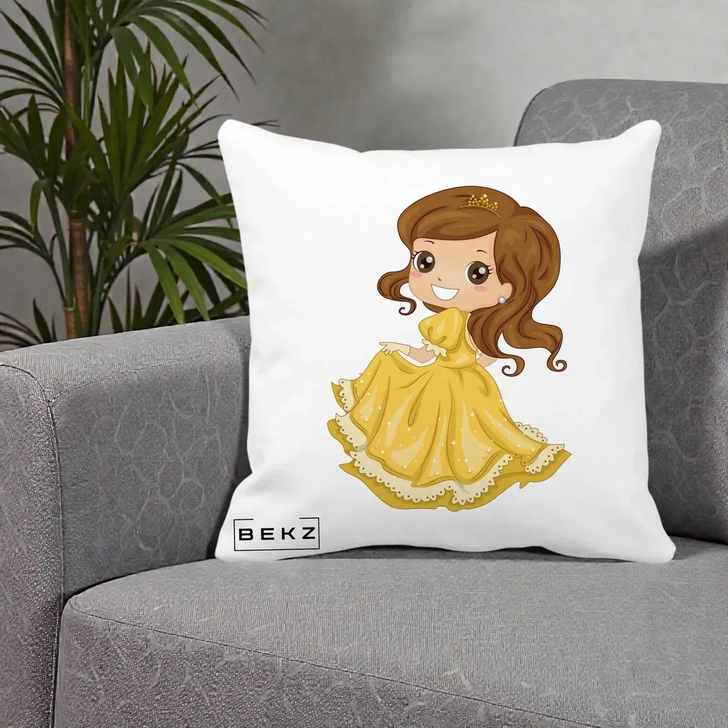 Perna Decorativa Printesa Bella Rochie Aurie, 40x40 cm, Alba Mata, Husa Detasabila, Perna Inclusa, BEKZ®