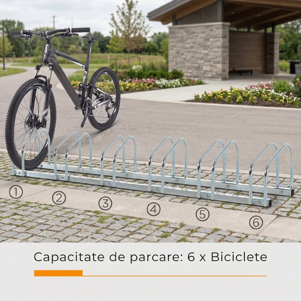 Suport de parcare pentru 6 biciclete din tuburi de otel Q235, 179x33x27cm, argintiu HOMCOM | Aosom Romania