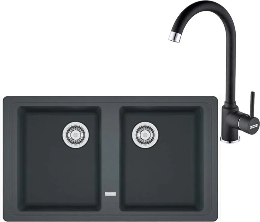Set chiuveta bucatarie compozit Franke Basis 2 cuve fara picurator 86x50 cm finisaj negru mat cu baterie Pola