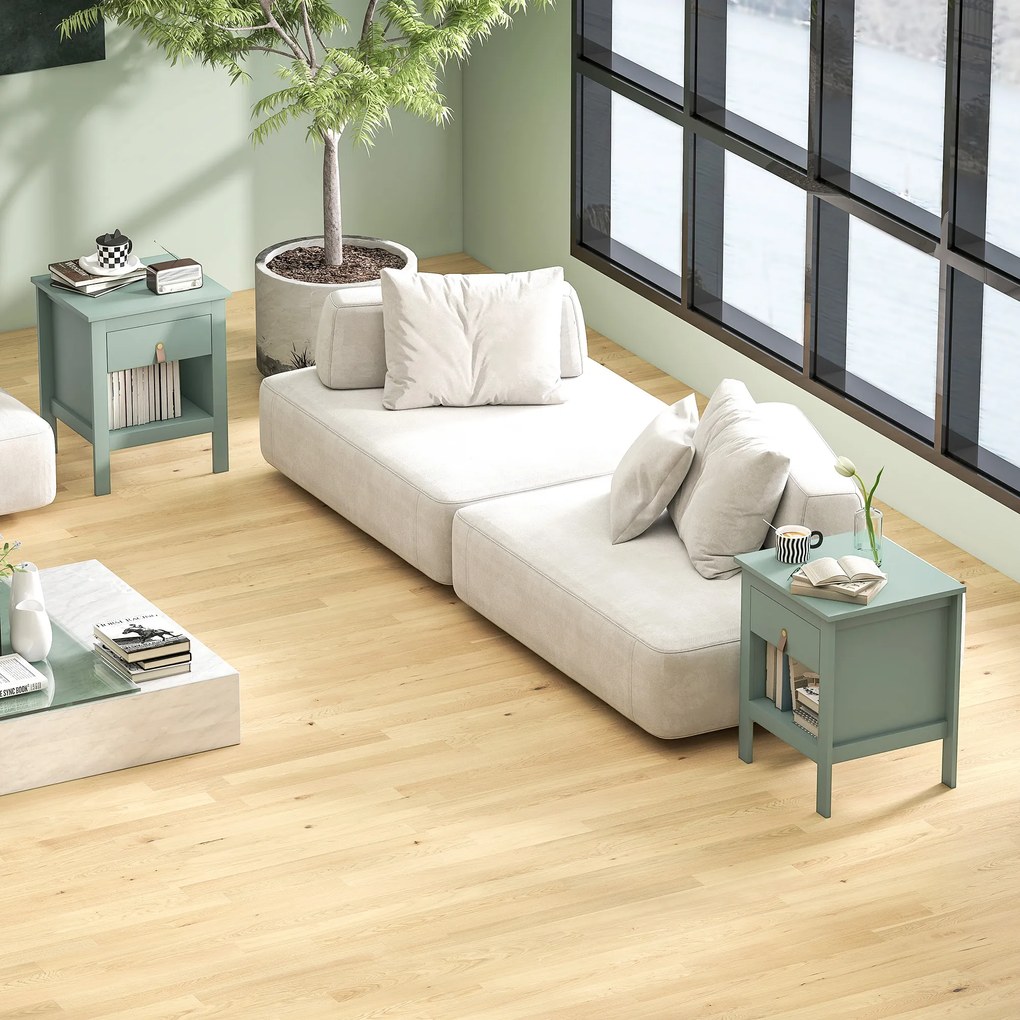 HOMCOM Lot de 2 noptiere cu sertar și compartiment deschis, 45 x 40 x 55 cm, verde | Aosom Romania