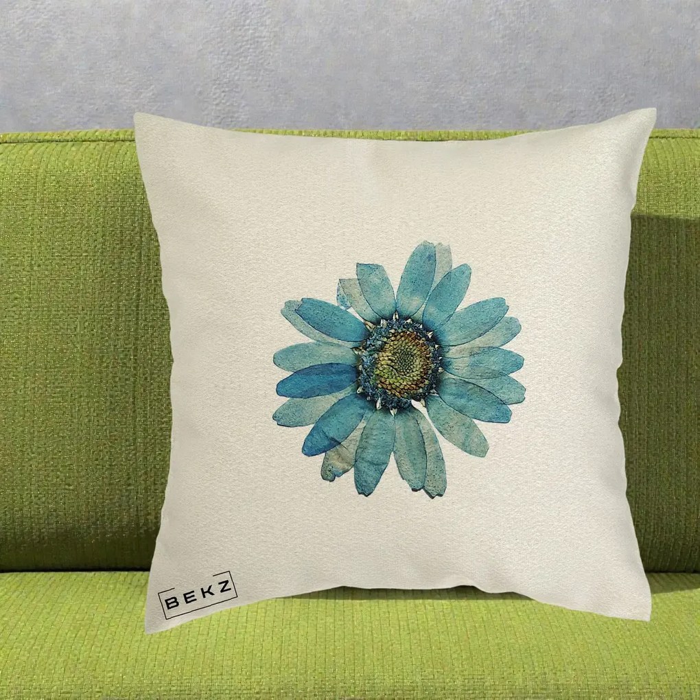 Perna Decorativa Floare Margareta Albastra Acuarela, 40x40 cm, Ecru, Husa Detasabila, Perna Inclusa, BEKZ®