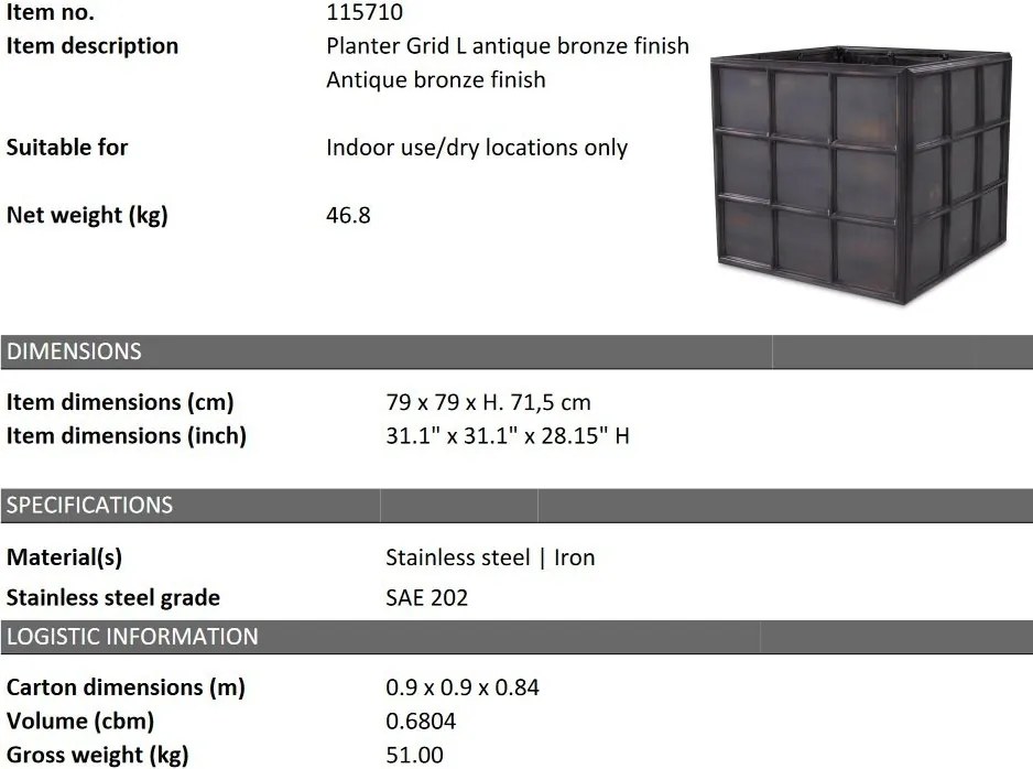 Ghiveci, Vas decorativ din otel inoxidabil Grid L bronz vintage