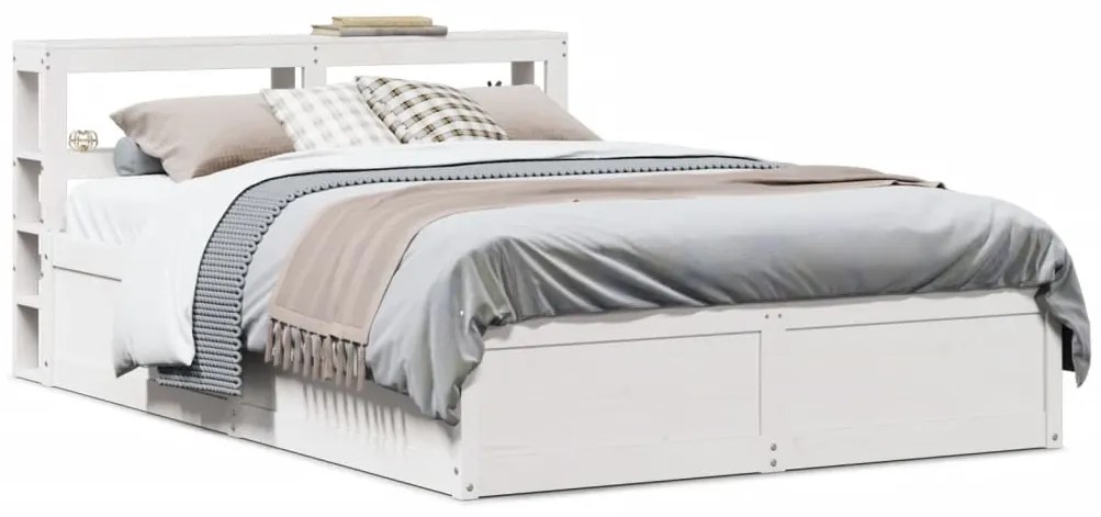 vidaXL Cadru de pat cu tăblie, alb, 135x190 cm, lemn masiv de pin