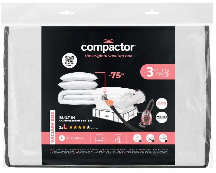 Cutii de depozitare pentru haine 3 buc. din material textil cu vacuum/cu pereți întăriți 45x65x15,5 cm Life – Compactor