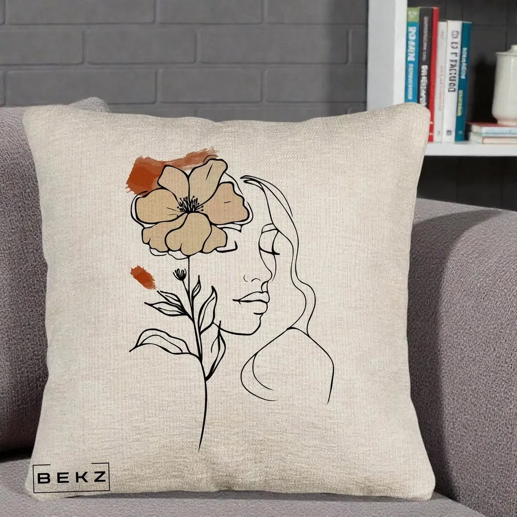 Perna Decorativa Portret Feminin Floare Bej Terracotta, 40x40 cm, Bej Canapea, Husa Detasabila, Perna Inclusa, BEKZ®