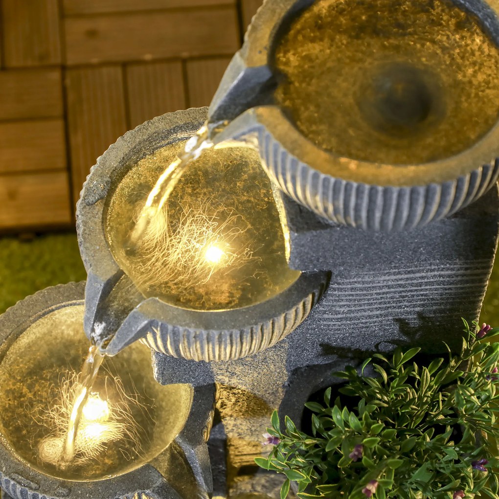 Outsunny Fântână de grădină în aspect natural, cu 4 trepte, alimentată de energie solară, LED-uri, 57 cm înălțime, Gri închis | Aosom Romania