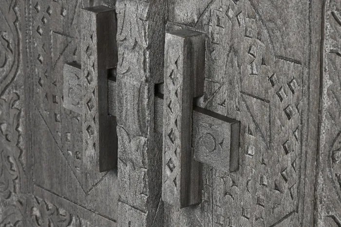 Bufet îngust în stil etnic din lemn de mango, gri, cu 2 uși sculptate manual și zăvor din lemn, 90 x 91,5 x 40 cm, „Arvane”