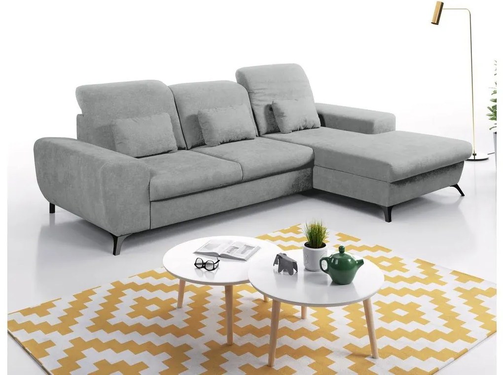 Colțar extensibil ALTA, tapițat, cu spațiu de depozitare, tip L, partea dreaptă, gri