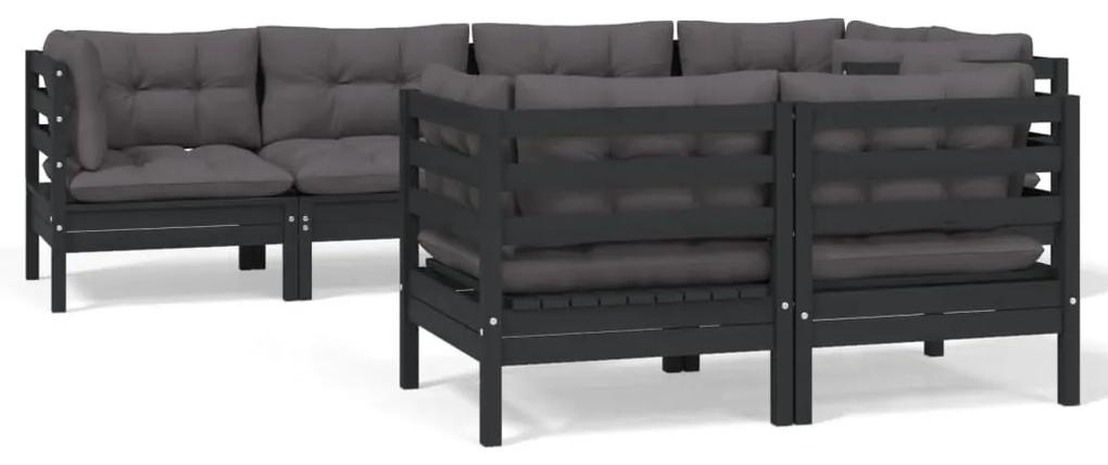 Set mobilier gradina cu perne, 7 piese, negru, lemn masiv pin Negru, 1