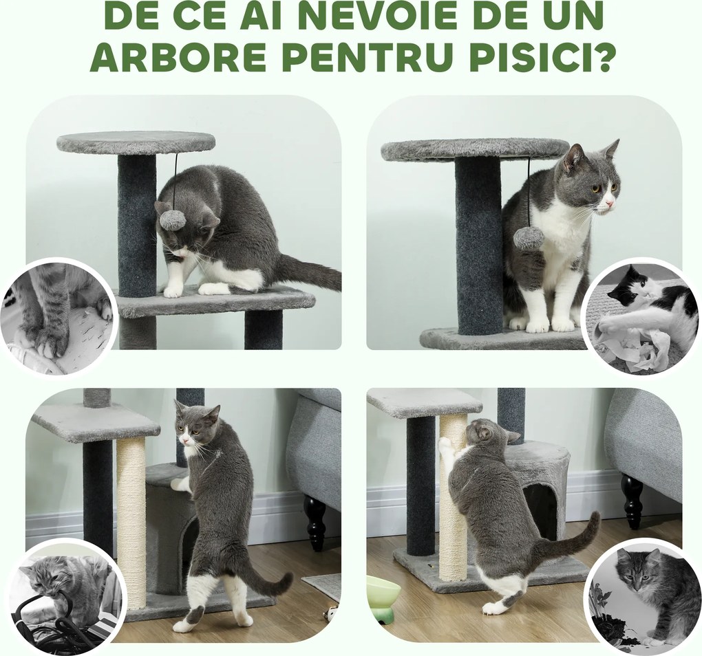 PawHut Ansamblu de joacă pentru pisici, multe niveluri cu stâlpi de sisal și Căsuță, 104cm,  Gri | Aosom Romania