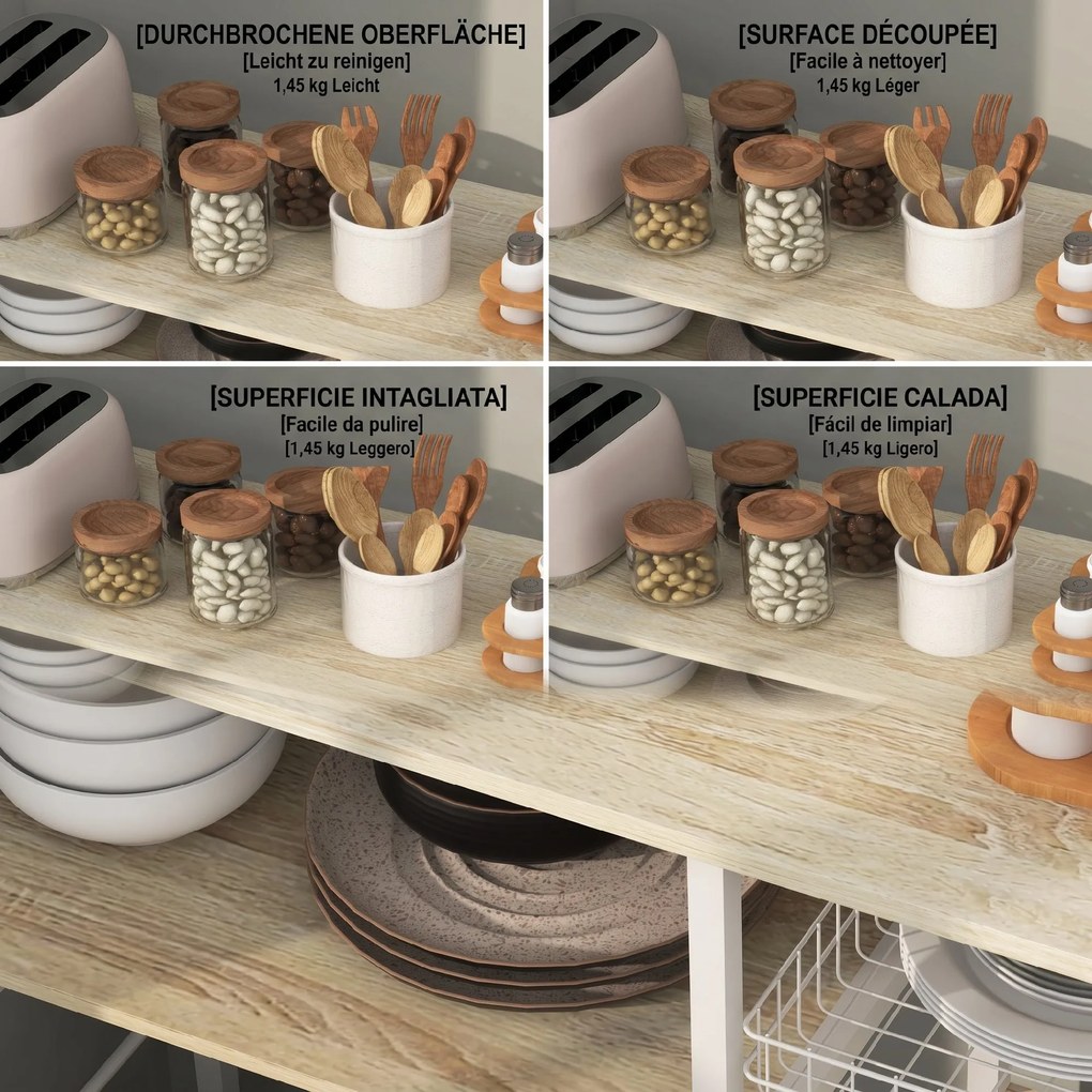 Raft de Bucatarie Cuptor cu Microunde, Dulap de Bucatarie cu 4 Rafturi cu Carlige si Cos Plasa, Lemn si Otel 90x40x84.5cm HOMCOM | Aosom RO