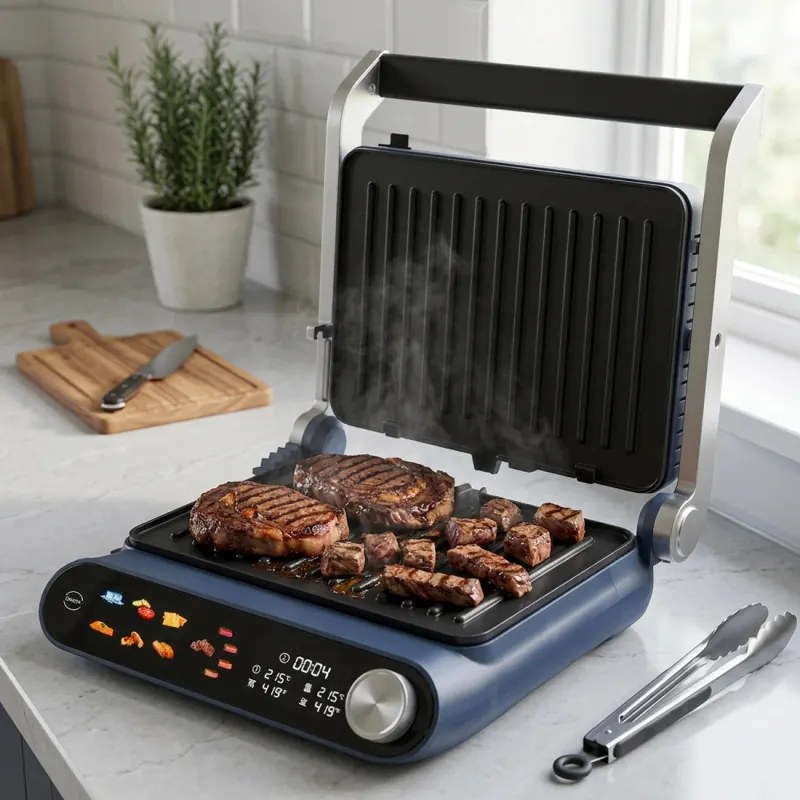 Gratar electric Nostro Lux NL51442P, 2200 W, Ecran tactil, Placi mobile antiaderente, Deschidere la 180°, Albastru/Gri