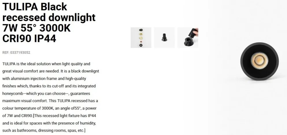 Spot LED incastrabil TULIPA Black recessed downlight 7W 55° 3000K CRI90 IP44