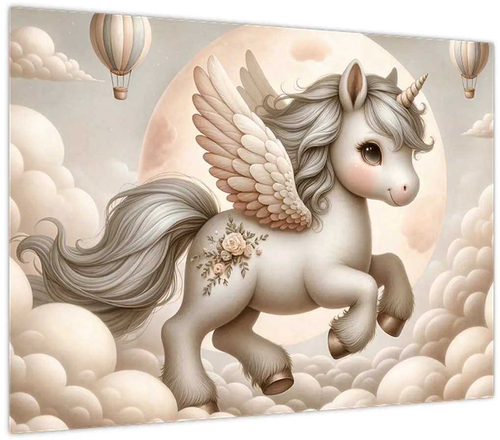 Tablou pe sticlă - Inorog în nori (70x50 cm)