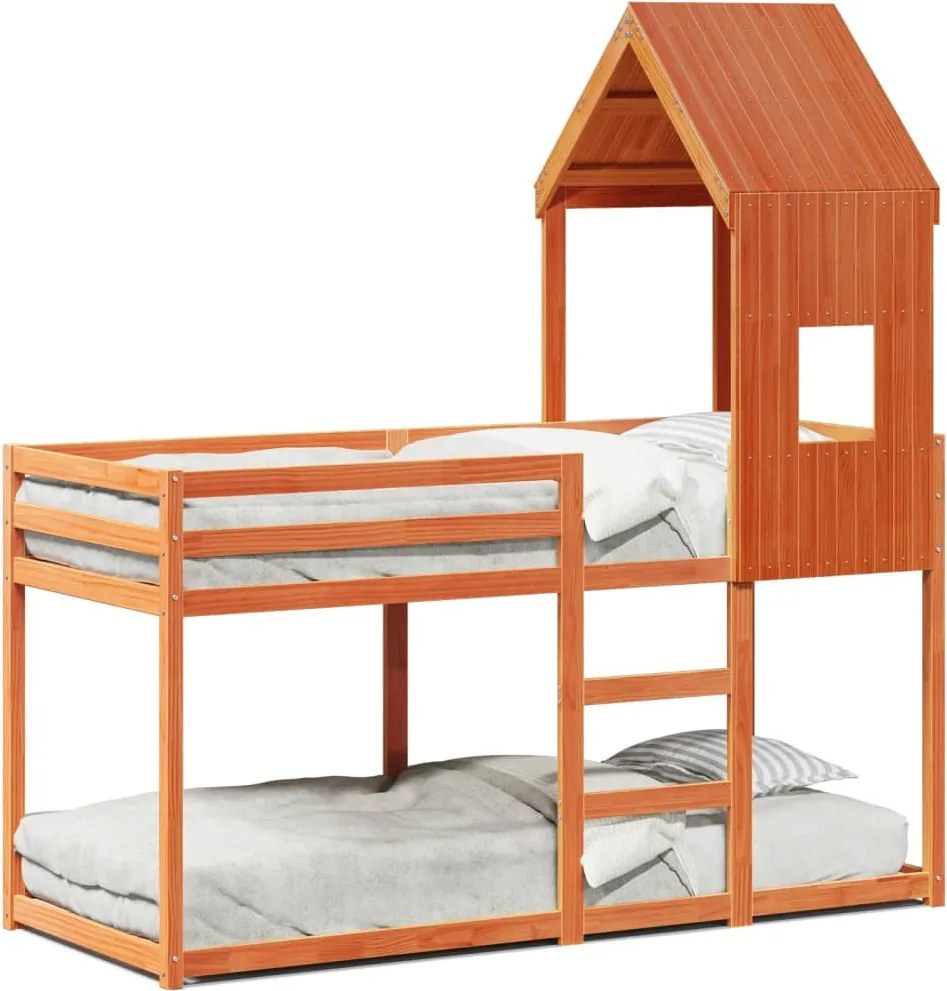 vidaXL Pat supraetajat cu acoperiș maro ceruit 90x200cm lemn masiv pin