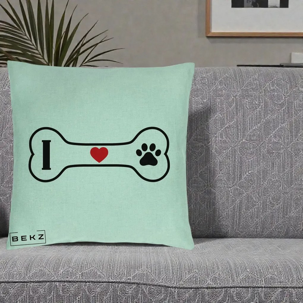 Perna Personalizata I Love Dog Os si Labuta, 40x40 cm, Verde Menta, Husa Detasabila, Perna Inclusa, BEKZ®