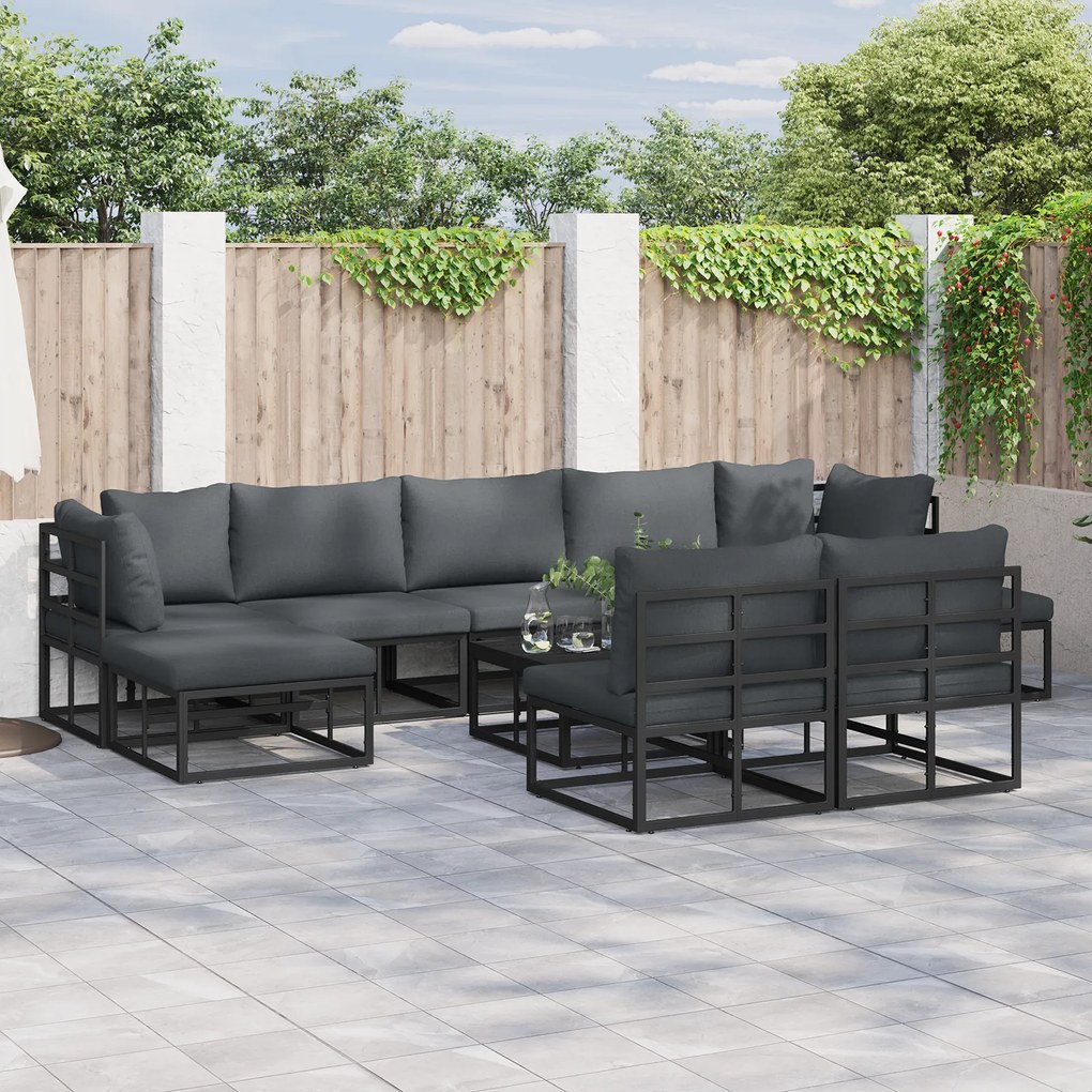 vidaXL Set de canapele pentru grădină cu pernă 9 pcs Negru Aluminiu