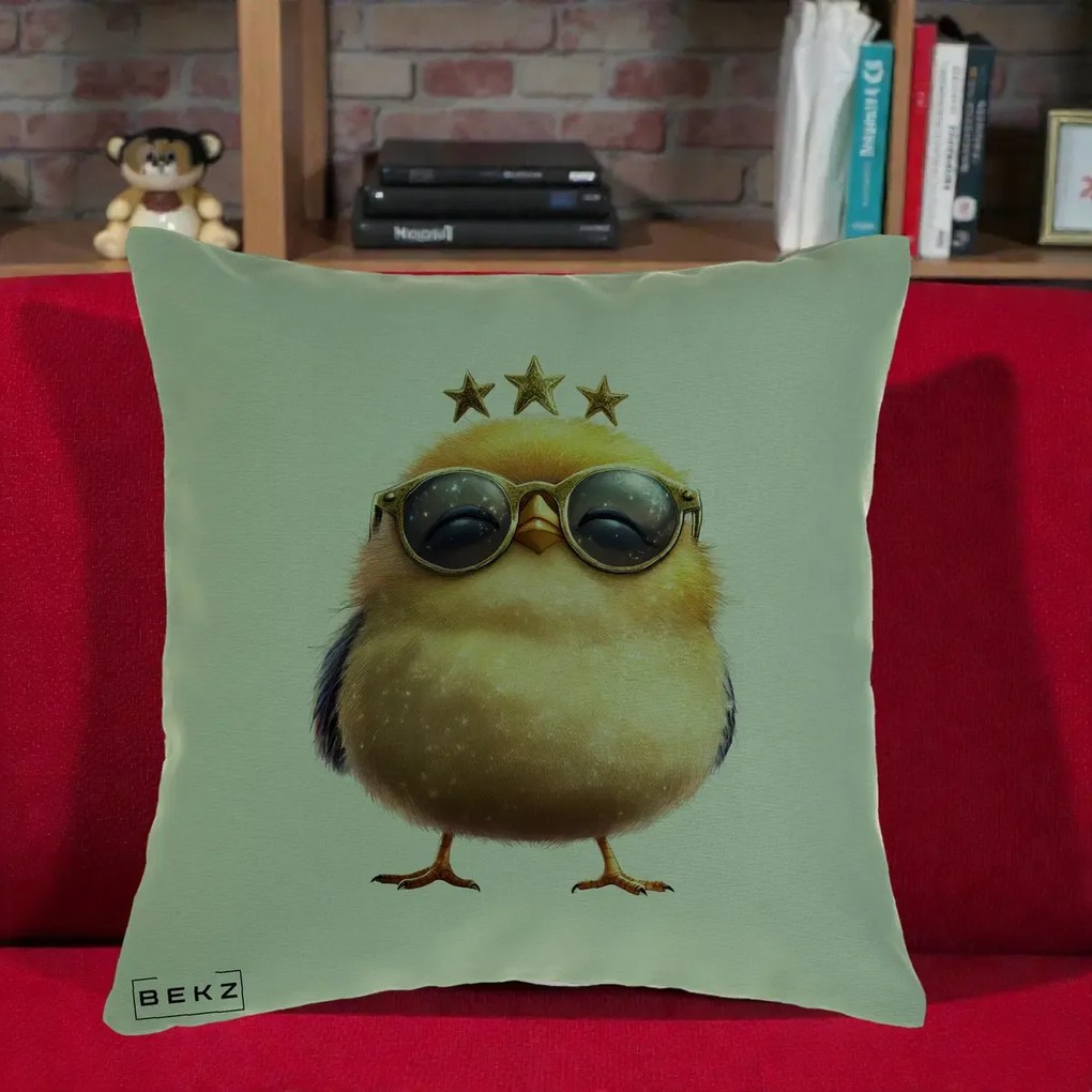 Perna Decorativa Pui Gold Star cu Ochelari Aurii, 40x40 cm, Verde, Husa Detasabila, Perna Inclusa, BEKZ®