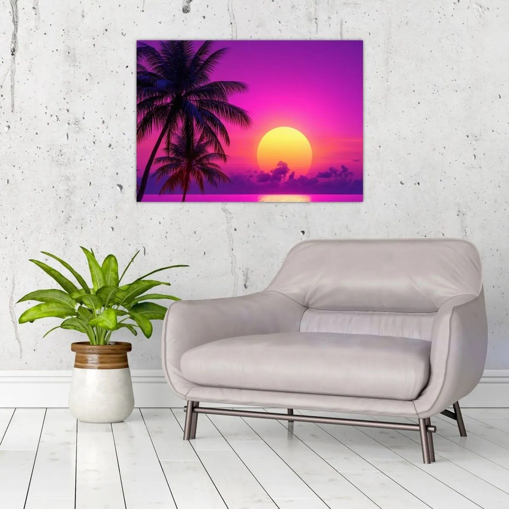 Tablou pe sticlă - Apus violet cu palmier (70x50 cm)
