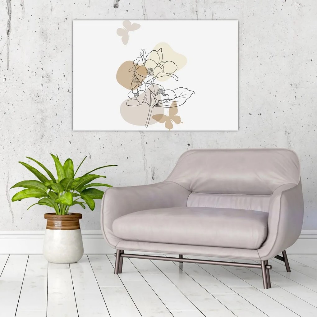 Tablou - Flori bej cu fluture N⁰1 (90x60 cm)