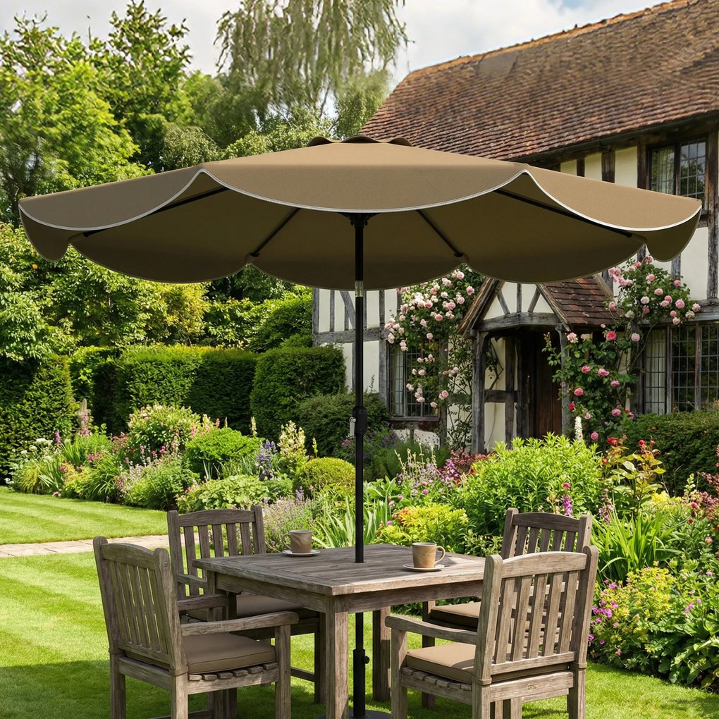 Outsunny Umbrelă Terasă Exterioară Ø2,7 m cu Înclinare Reglabilă 3 Poziții Manivelă și Volant Khaki | Aosom Romania