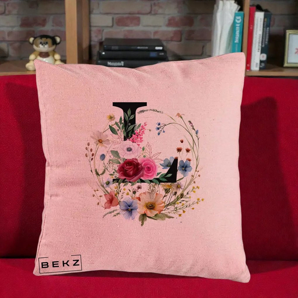 Cadou Personalizat - Perna Personalizata Monogram Litera L cu Flori Acuarela, 40x40 cm, Roz, Husa Detasabila, Perna Inclusa, BEKZ®