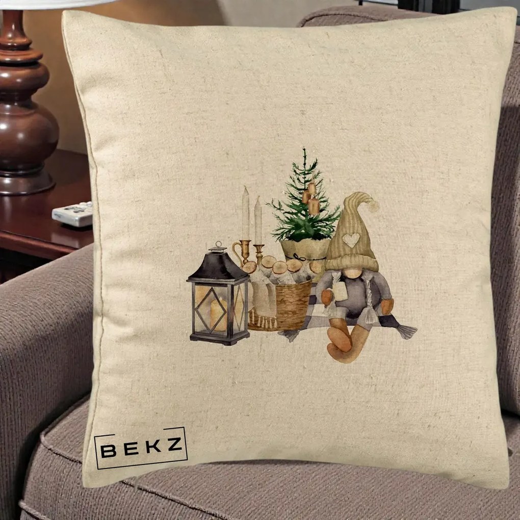 Perna Decorativa Gnom Scandinav cu Felinar, 40x40 cm, Bej, Husa Detasabila, Perna Inclusa, BEKZ®