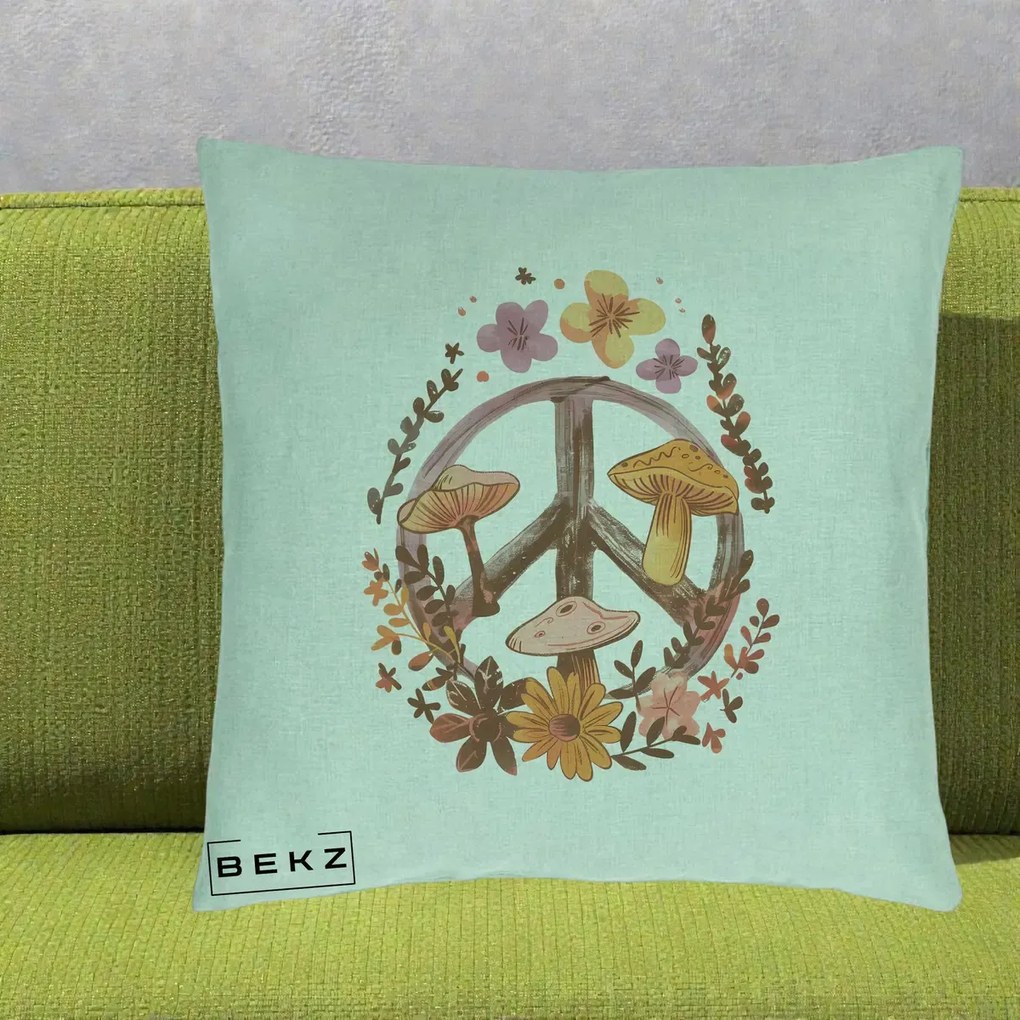 Perna Decorativa Peace Sign Ciuperci Floral, 40x40 cm, Verde Menta, Husa Detasabila, Perna Inclusa, BEKZ®