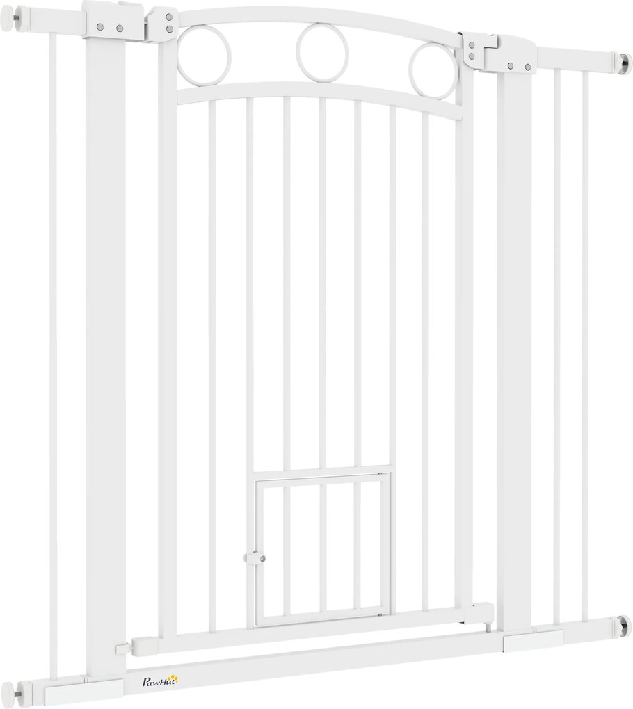 PawHut Poartă pentru animale de companie, 96 cm poartă pentru trepte, lățime reglabilă 76-104 cm, cu ușă pentru pisici, pentru scări și deschideri de uși, alb | Aosom Romania