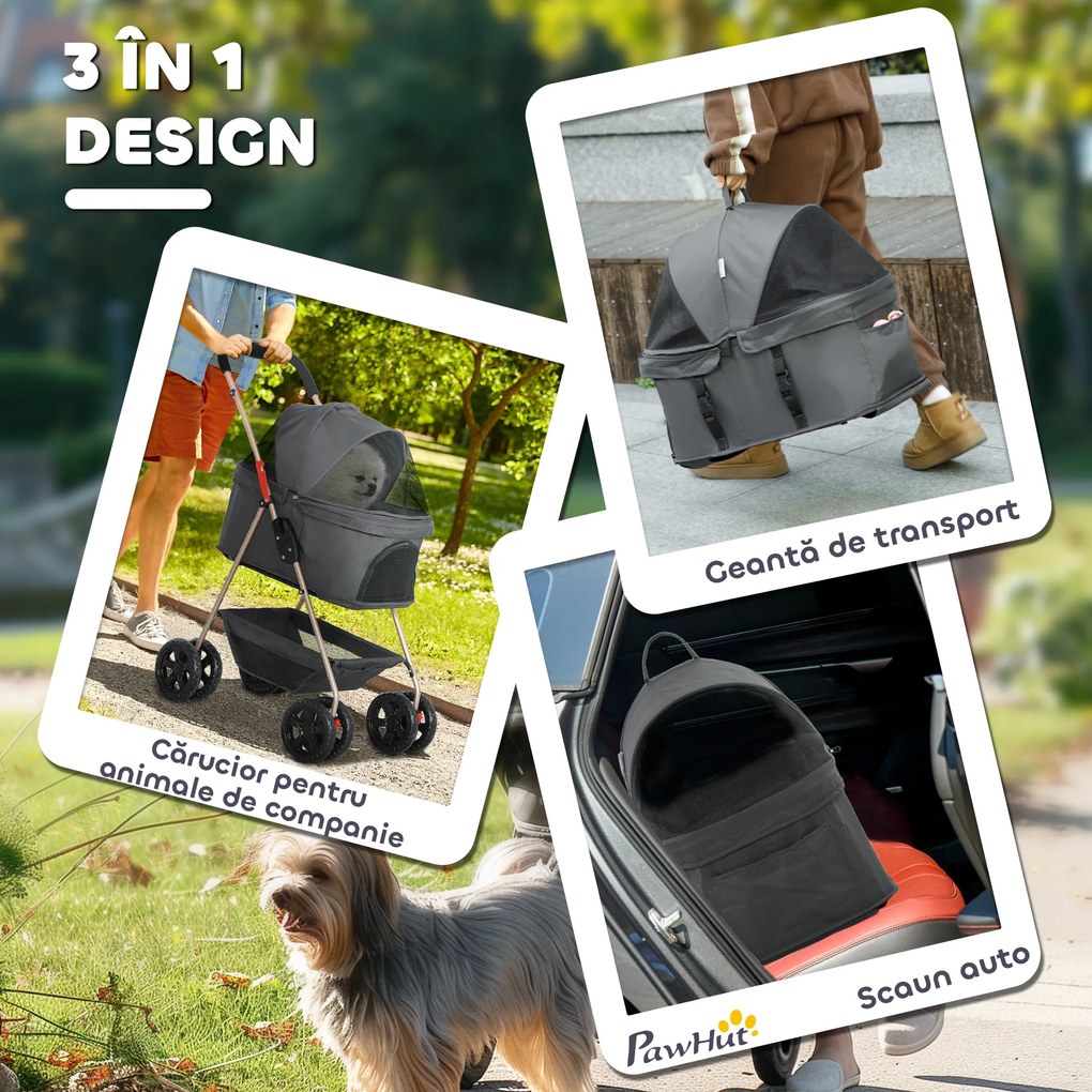 PawHut Cărucior pentru Animale de Companie 3 în 1 cu 4 Roți și Geantă de Transport Detașabilă, 76x50x102 cm, Gri | Aosom Romania