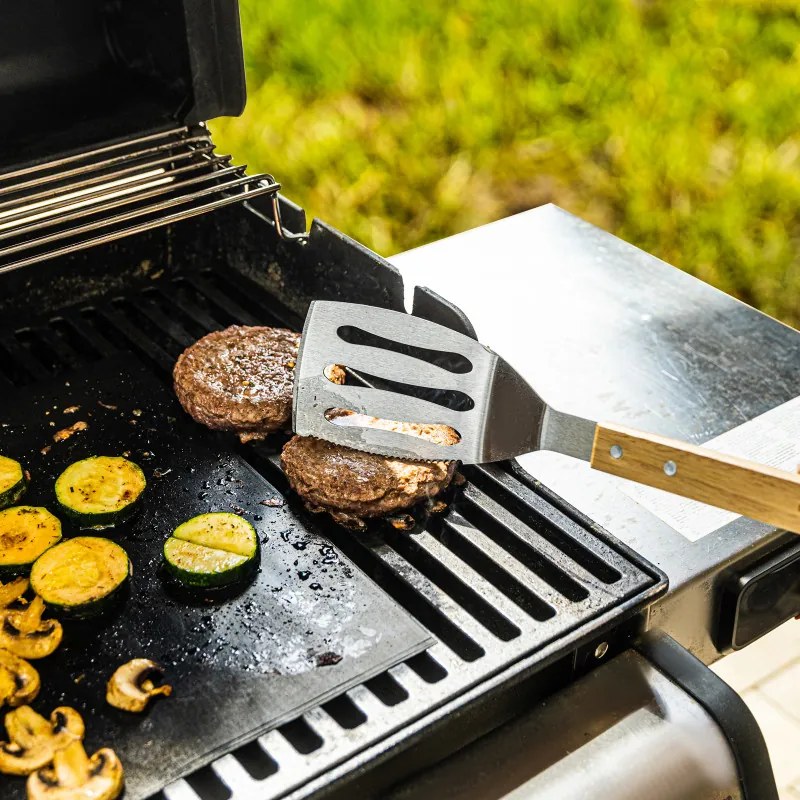 Set 3 ustensile BBQ Kinghoff KH 1918, Spatula, Spatula, Furculita, Manere din lemn, Orificiu pentru agatat, Inox / Maro