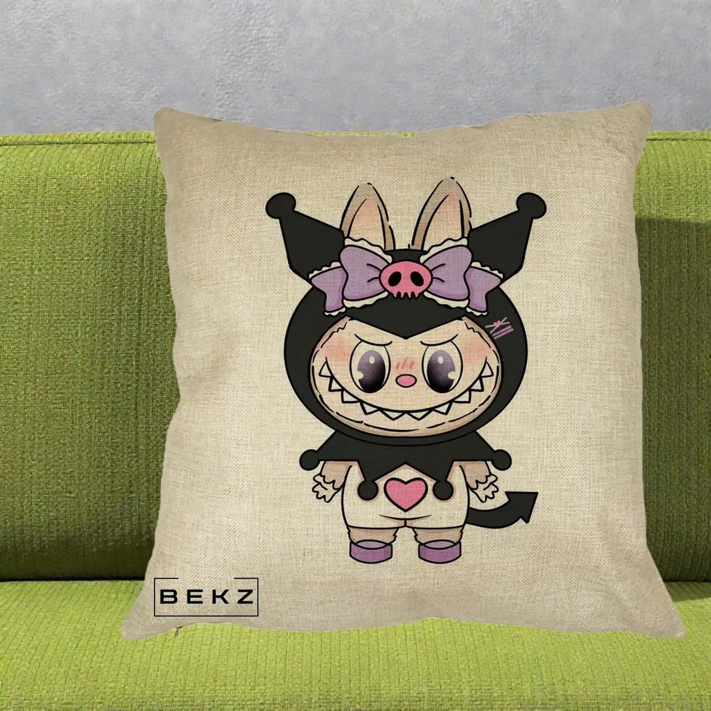 Perna Personalizata Labubu x Kuromi, 40x40 cm, Crem, Husa Detasabila, Perna Inclusa, BEKZ®