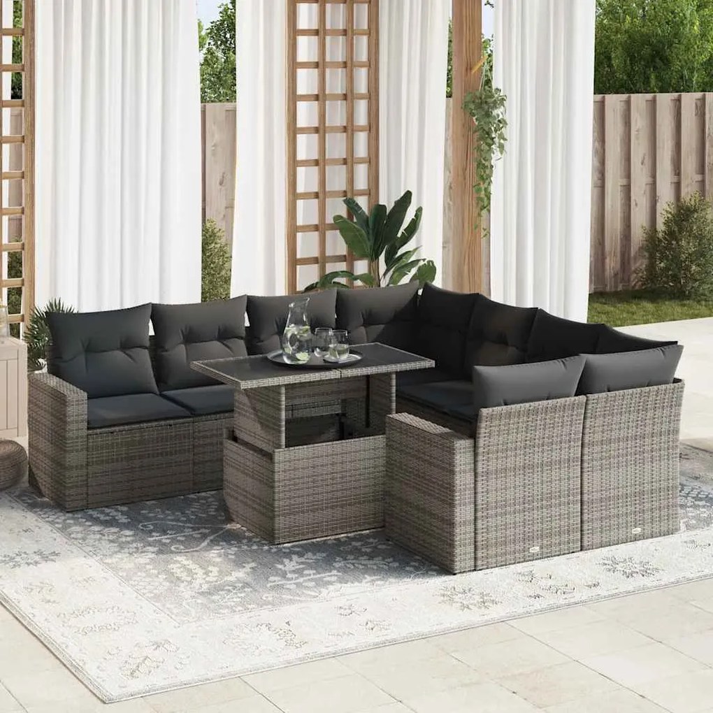 vidaXL Set canapele de grădină, 9 piese, cu perne, gri, poliratan