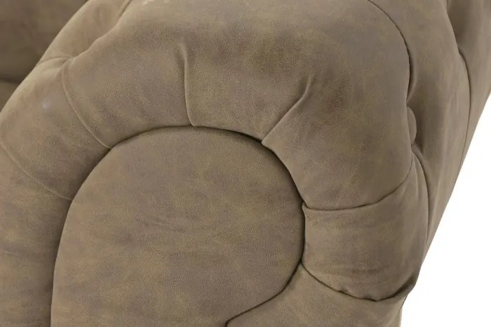 Canapea Chesterfield 3 locuri din piele ecologică maro deschis, cu brațe rulate și picioare curbate din lemn, 76 x 196 x 81 cm, „Sir”